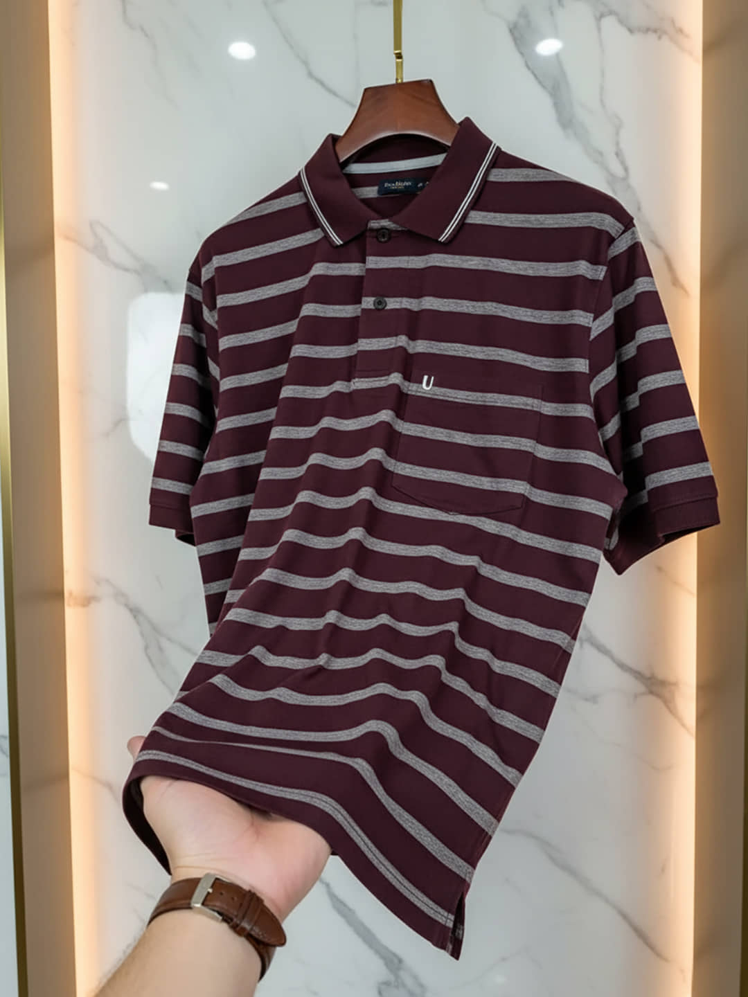 UNIBERRY Men Cotton Blend Regular Fit Striped Polo T Shirt ( Wine )