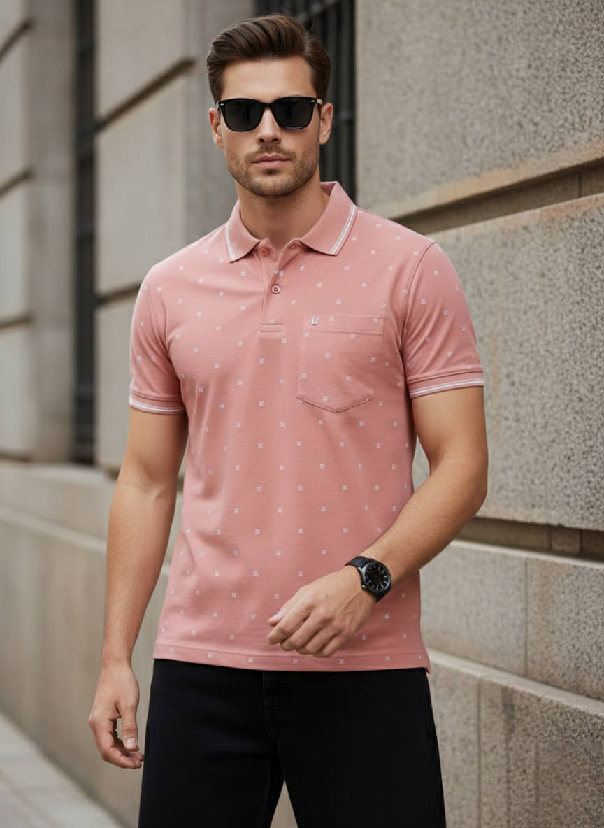 UNIBERRY Men Cotton Blend Regular Fit Printed Polo T Shirt ( Beige )