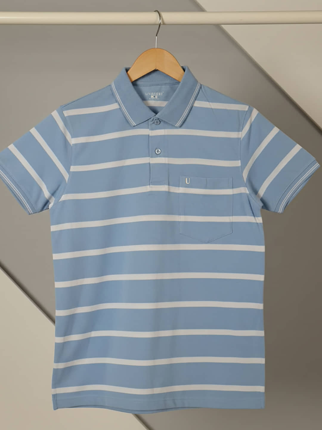 UNIBERRY Men Cotton Blend Regular Fit Striped Polo T Shirt ( Sky Blue )
