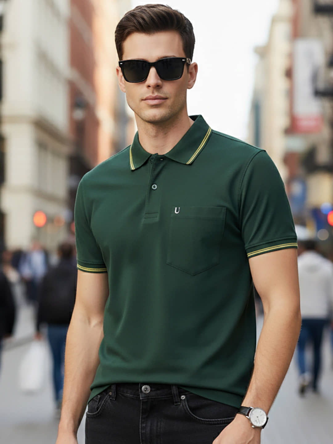 UNIBERRY Men Cotton Blend Regular Fit Solid Polo T Shirt ( Olive )