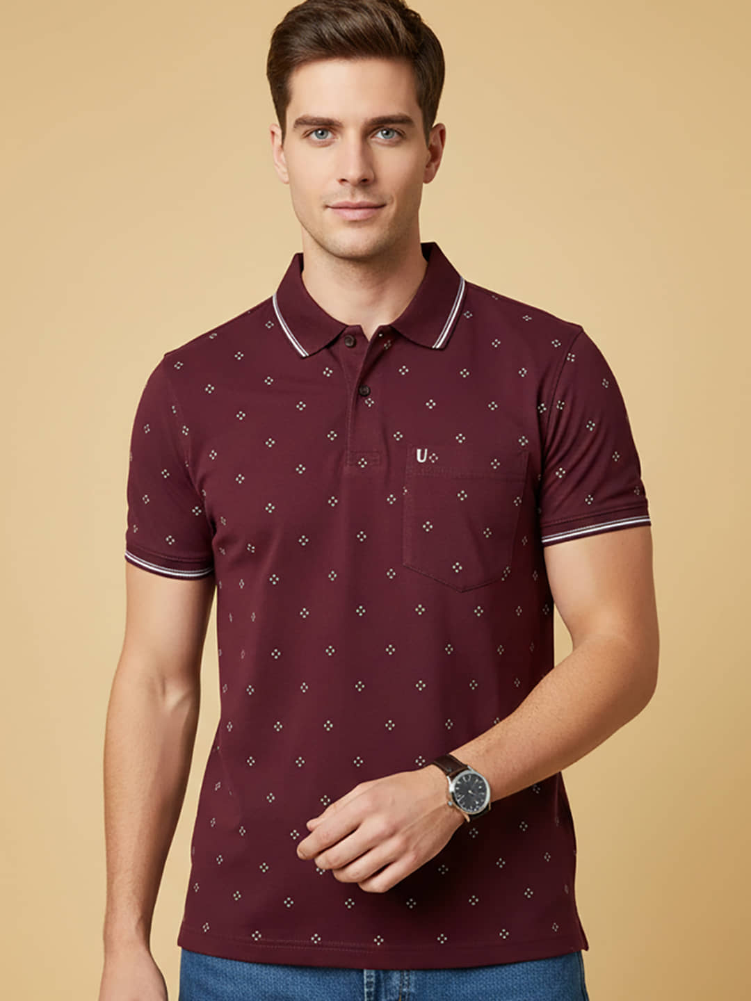 UNIBERRY Men Cotton Blend Regular Fit Printed Polo T Shirt ( Maroon )