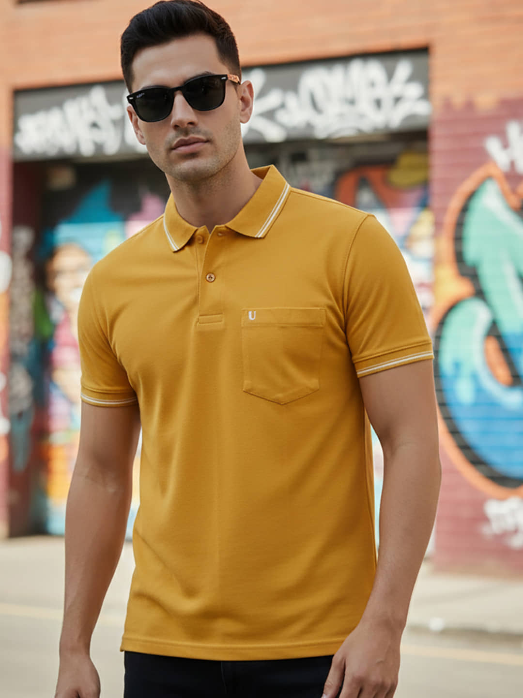 UNIBERRY Men Cotton Blend Regular Fit Solid Polo T Shirt ( Mustard )
