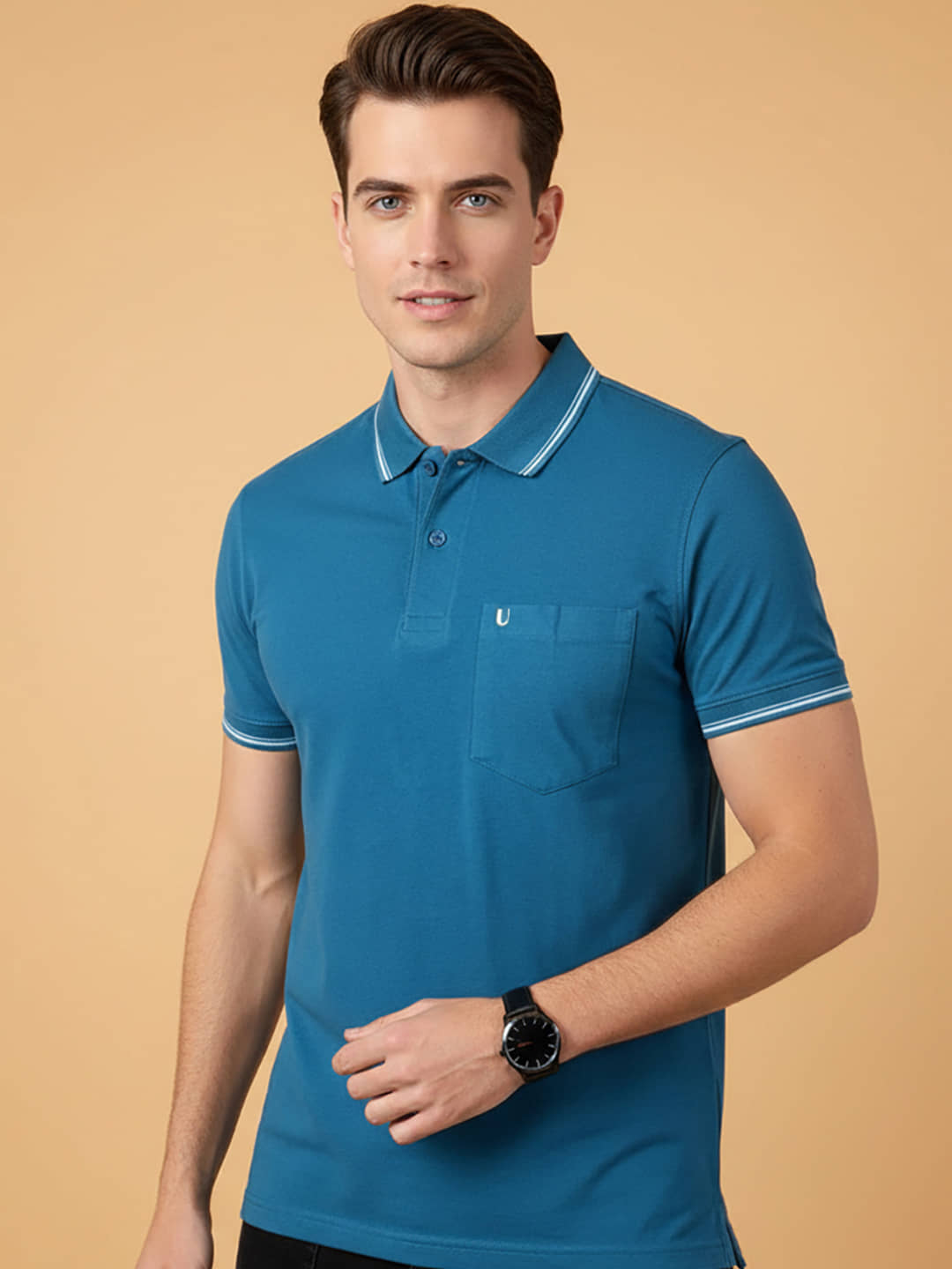 UNIBERRY Men Cotton Blend Regular Fit Solid Polo T Shirt ( Teal Blue )