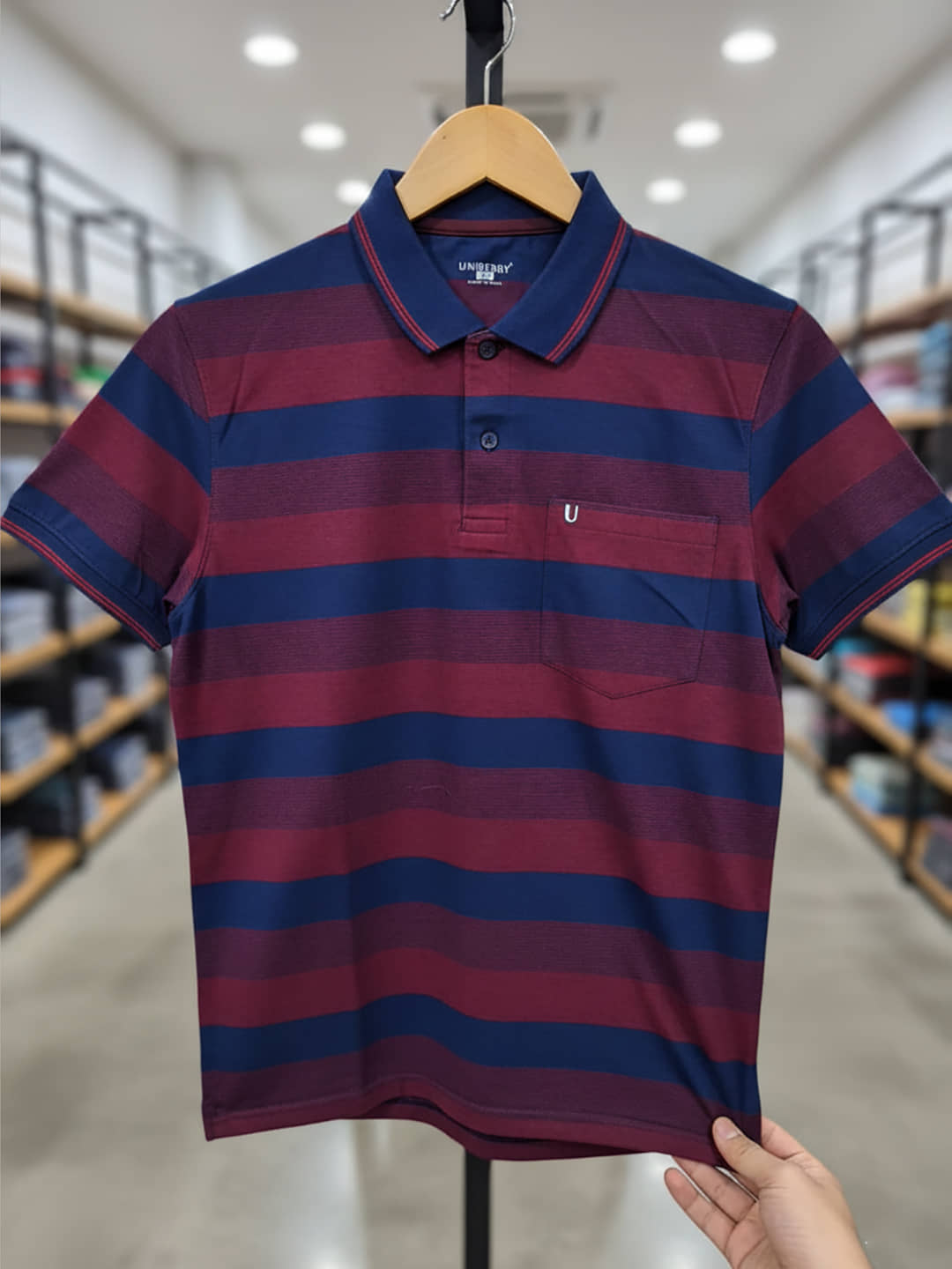 UNIBERRY Men Cotton Blend Regular Fit Striped Polo T Shirt ( Maroon )
