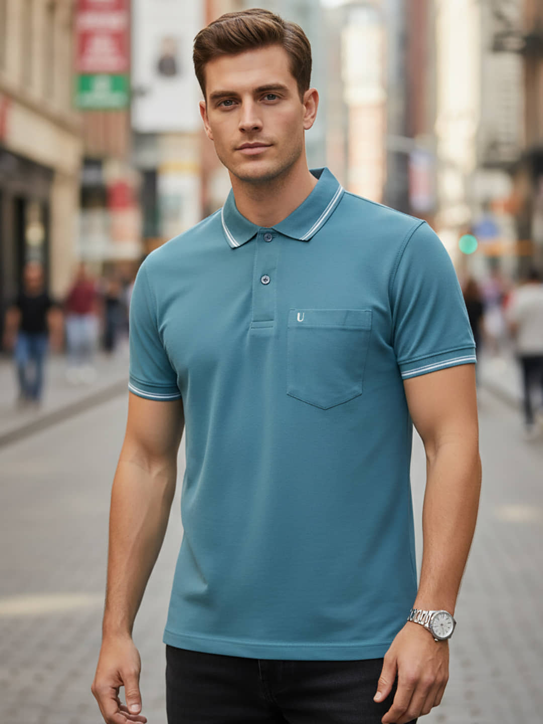 UNIBERRY Men Cotton Blend Regular Fit Solid Polo T Shirt ( Teal Blue )