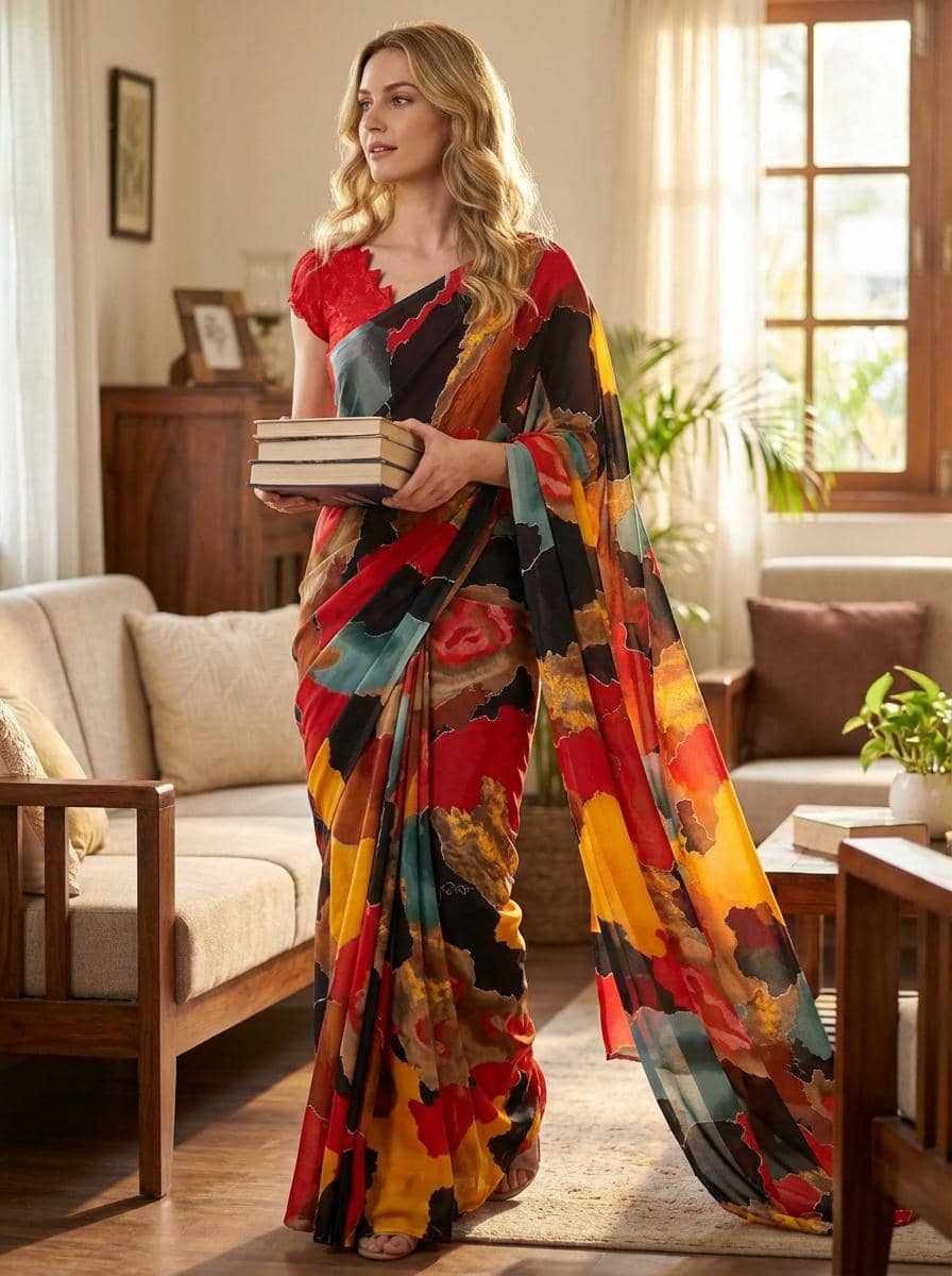 ANAND SAREES Georgette Printed Kasavu Saree With Unstitched Blouse Piece ( Multicolor ) - Sarees | Buy online on ZillyBuy