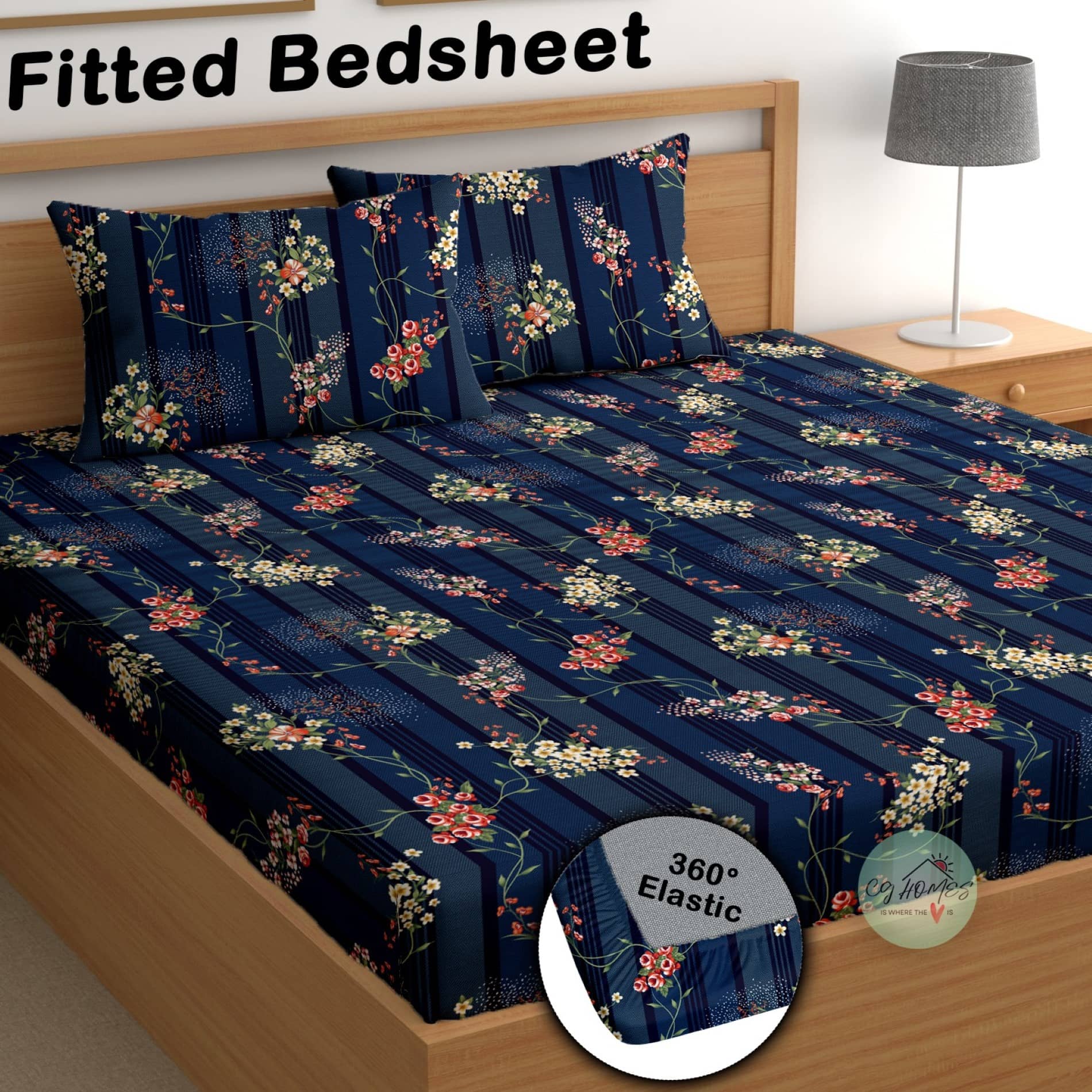 CG HOMES Microfibre 1 Double Fitted Bedsheet with 2 Pillow Covers ( 220 cm x 220 cm ) , Navy Blue