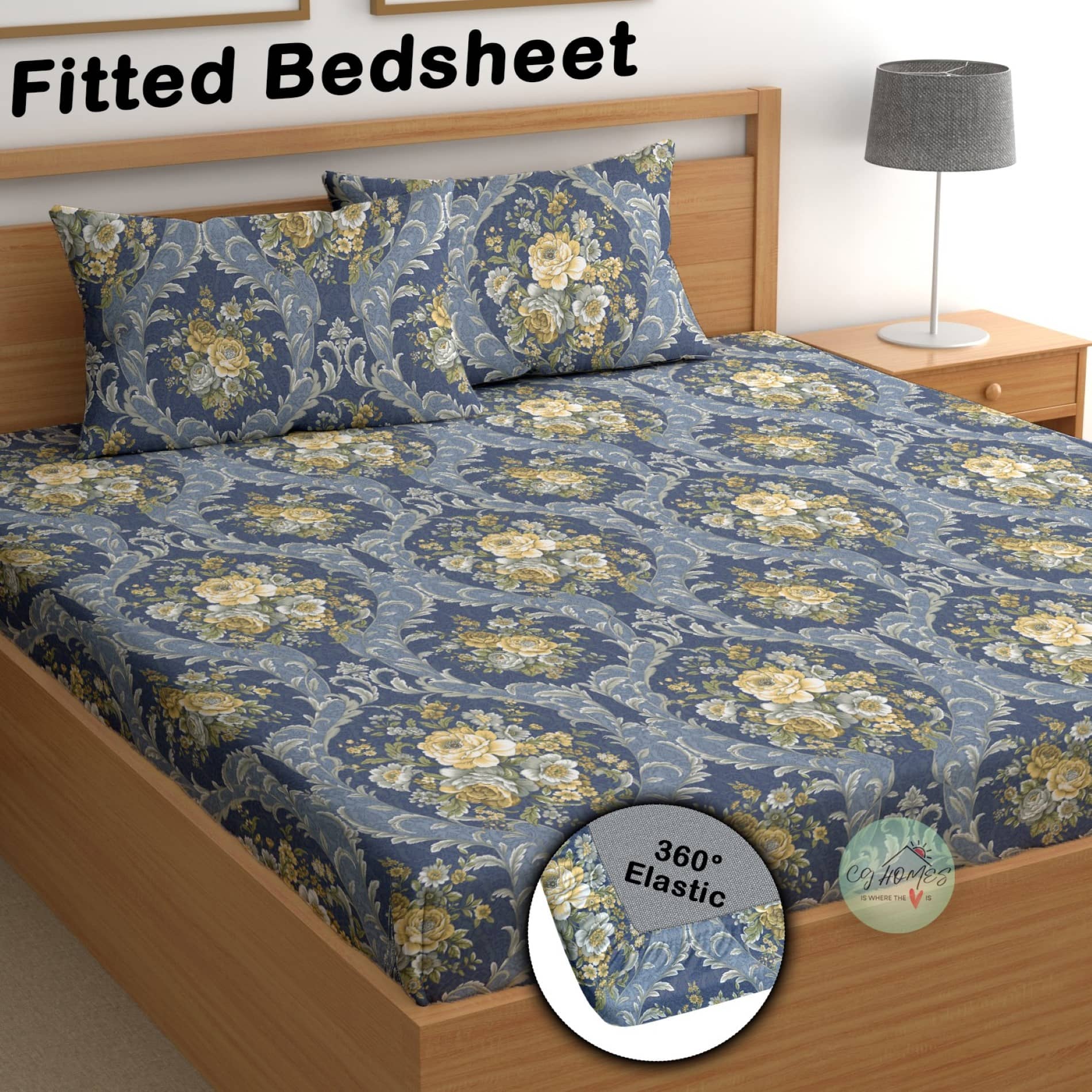 CG HOMES Microfibre 1 Double Fitted Bedsheet with 2 Pillow Covers ( 220 cm x 220 cm ) , Blue