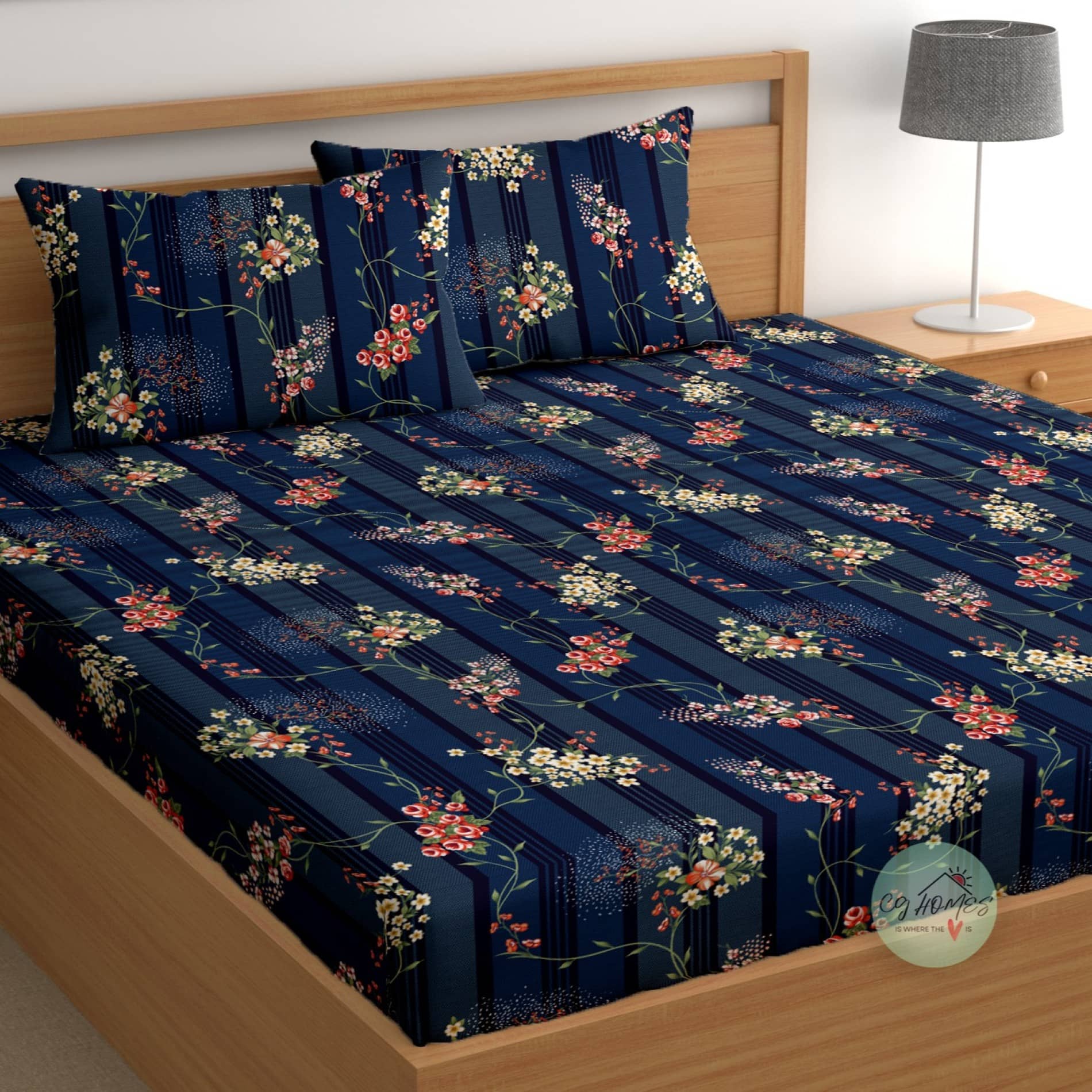 CG HOMES Navy Blue Microfiber 1 Double Bedsheet with 2 Pillow Covers ( 220 cm x 220 cm )
