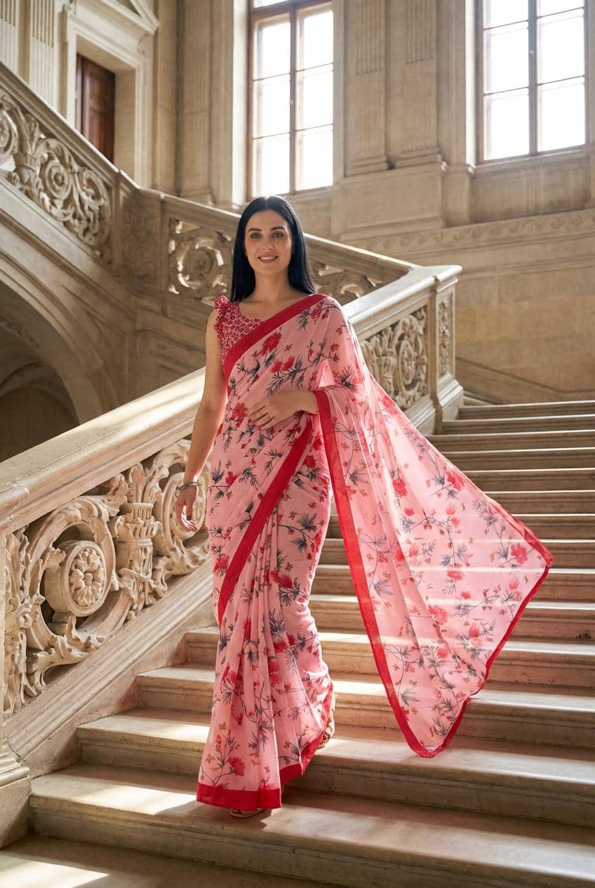 Kashvi Sarees Georgette Printed Kasavu Saree With Unstitched Blouse Piece ( PEACH ) - Sarees | Buy online on ZillyBuy