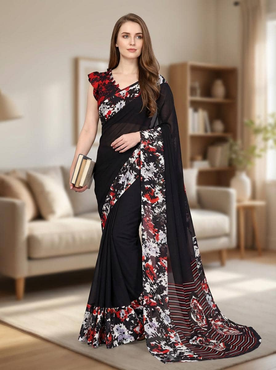 Kashvi Sarees Georgette Printed Kasavu Saree With Unstitched Blouse Piece ( MAROON ) - Sarees | Buy online on ZillyBuy
