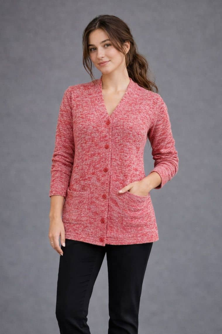 MISDYNAMIC Women Polyester V-Neck Cardigan ( Red )