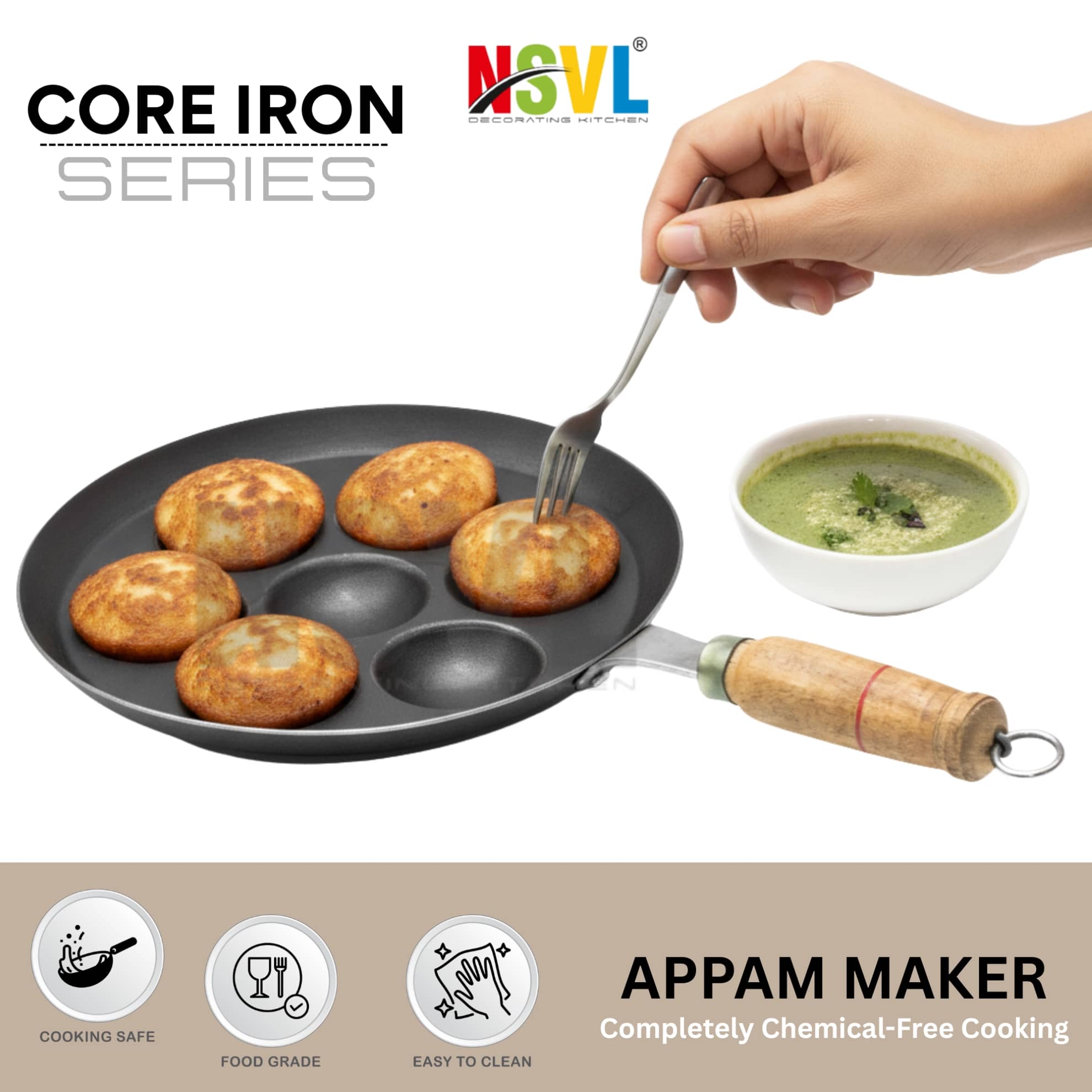 NSVL IRONAPPAM Non Coated Iron Appam Patra Heavy Bottom without Lid 23 cm Diameter 0.5 Ltr