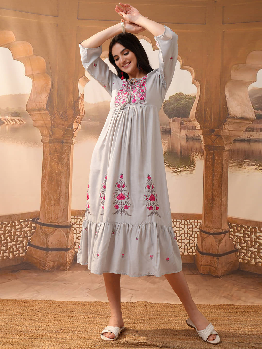 Vishudh Women Viscose A-line Dress ( Grey )
