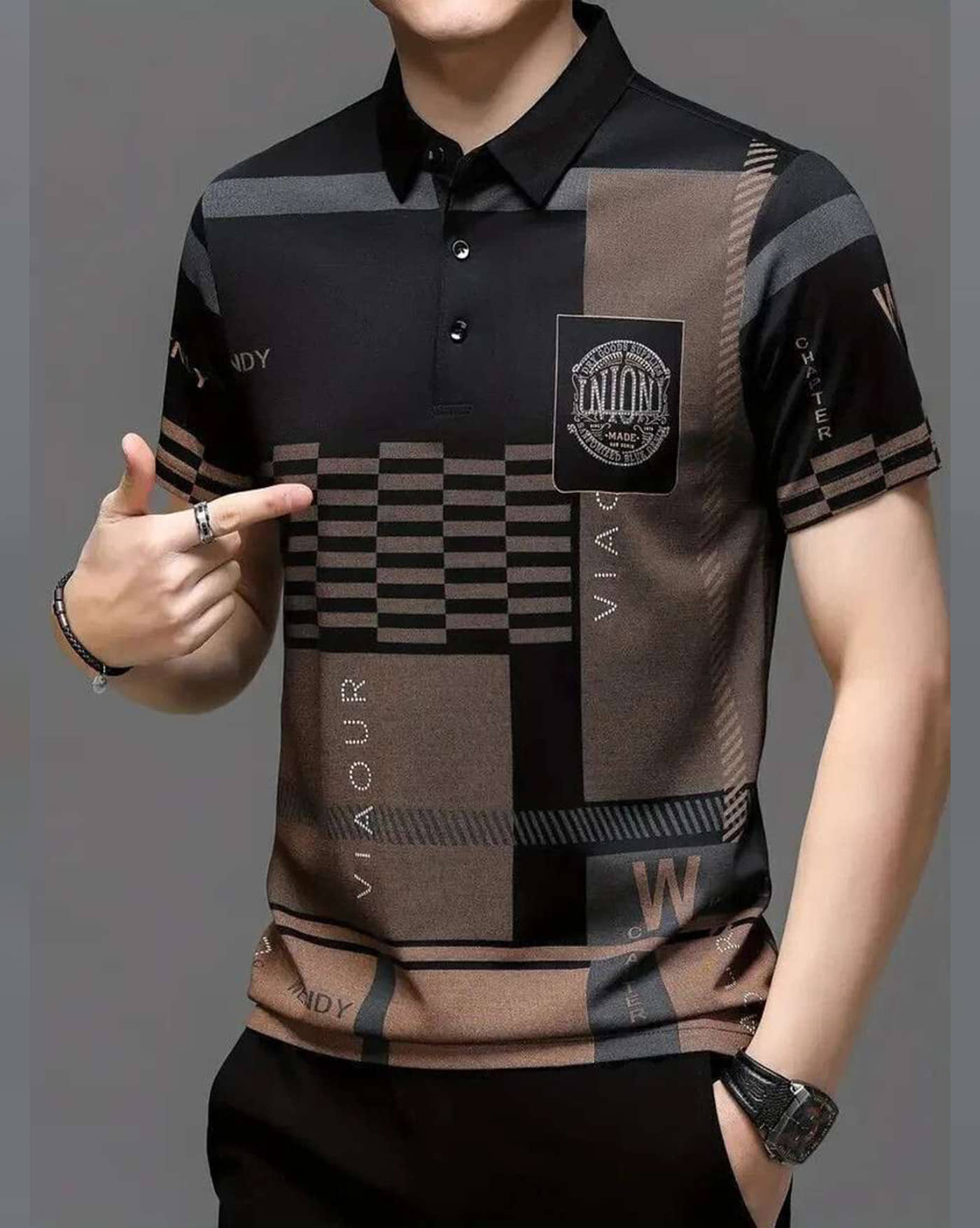 AUSK Men Cotton Blend Regular Fit Printed Polo T Shirt ( Black )