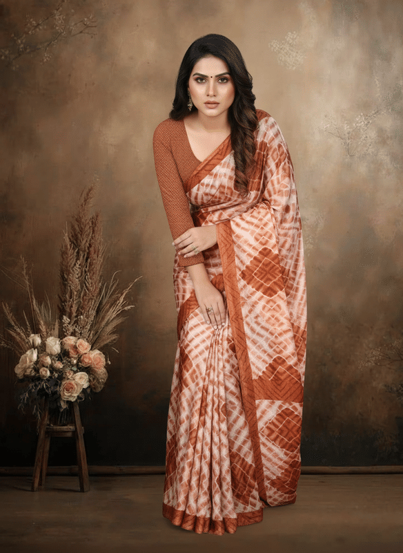 JIHANA FAB Chiffon Printed Regular Saree With Unstitched Blouse Piece ( Brown ) - Sarees | Buy online on ZillyBuy