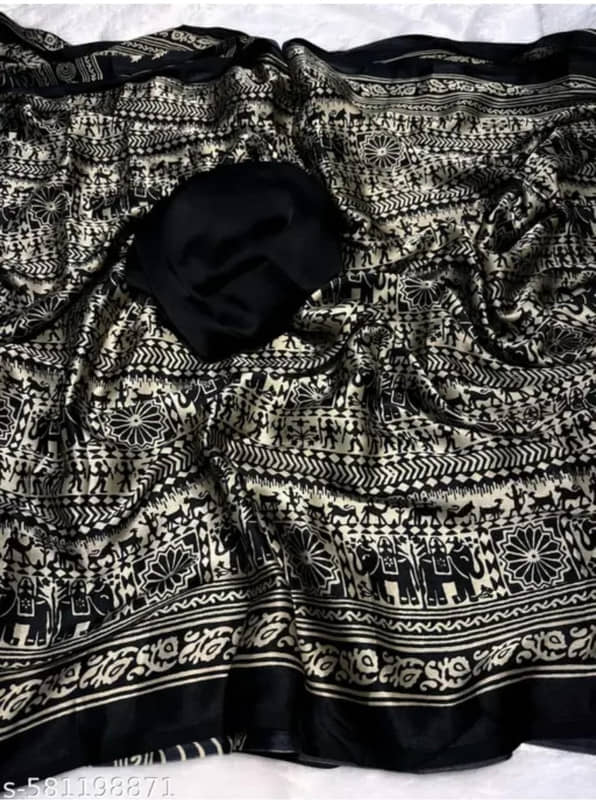 JIHANA FAB Chiffon Printed Regular Saree With Unstitched Blouse Piece ( Black ) - Sarees | Buy online on ZillyBuy