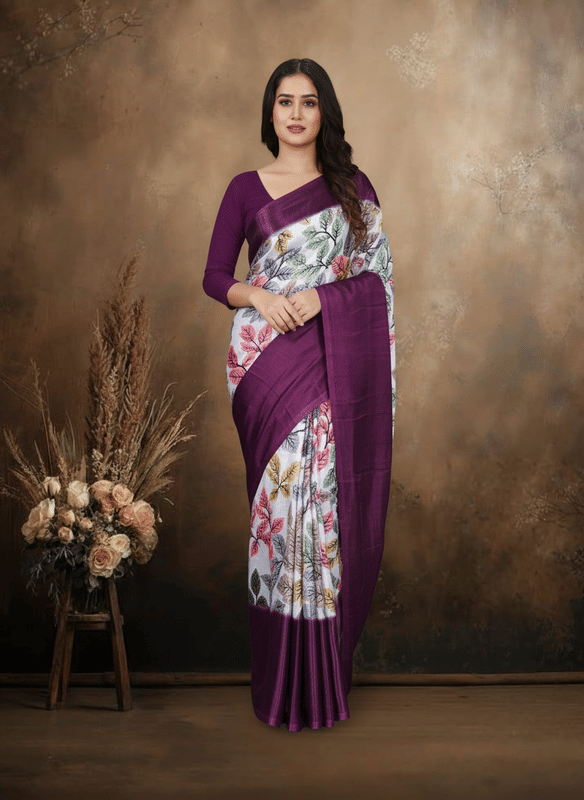 JIHANA FAB Chiffon Printed Regular Saree With Unstitched Blouse Piece ( Wine ) - Sarees | Buy online on ZillyBuy