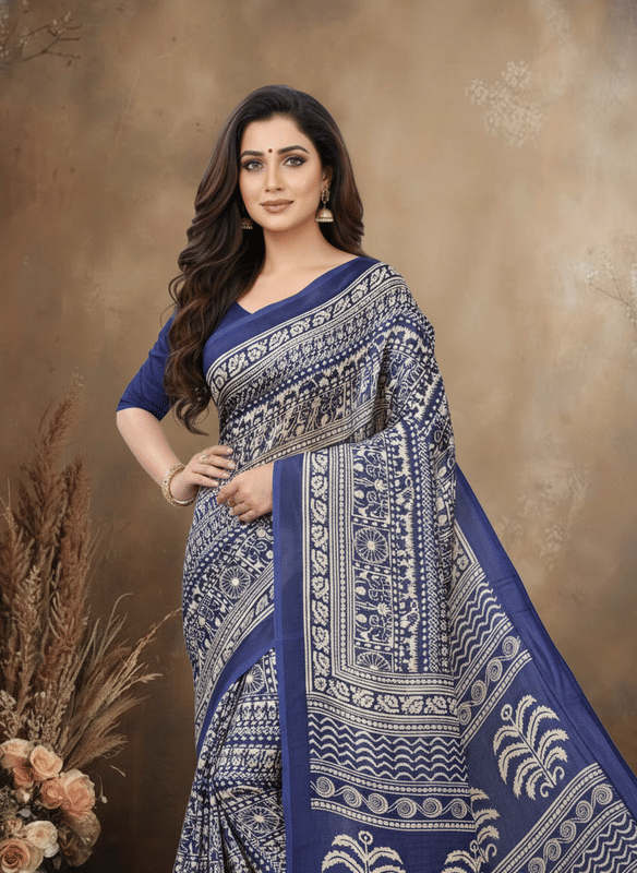JIHANA FAB Chiffon Printed Regular Saree With Unstitched Blouse Piece ( Blue ) - Sarees | Buy online on ZillyBuy