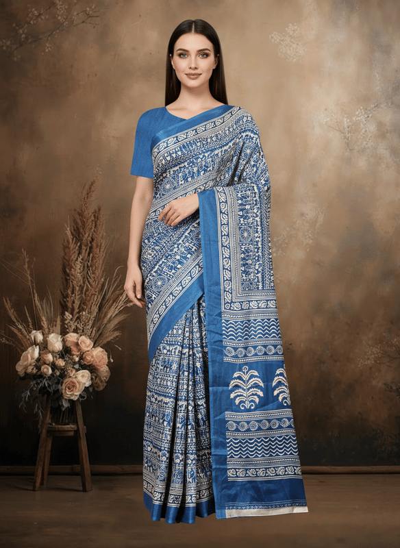 JIHANA FAB Chiffon Printed Regular Saree With Unstitched Blouse Piece ( Blue ) - Sarees | Buy online on ZillyBuy