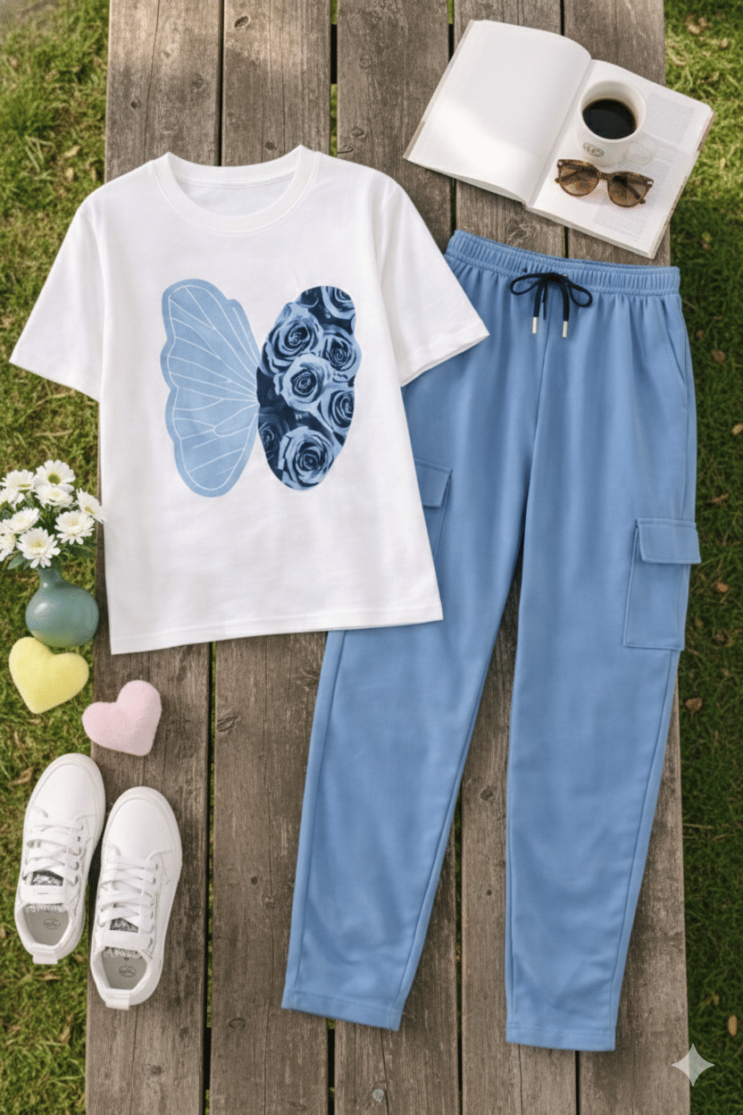 TarrenT HunT Pack of 1 Girls Cotton Blend T-shirt & Pants ( Sky Blue )