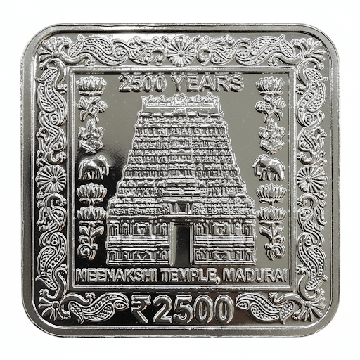 2500 Rupee Silver Plated Coin Bar – 100gm | Meenakshi Temple Madurai | 2500 Years Commemorative -Special Edition Showpiece Square Paper Weight