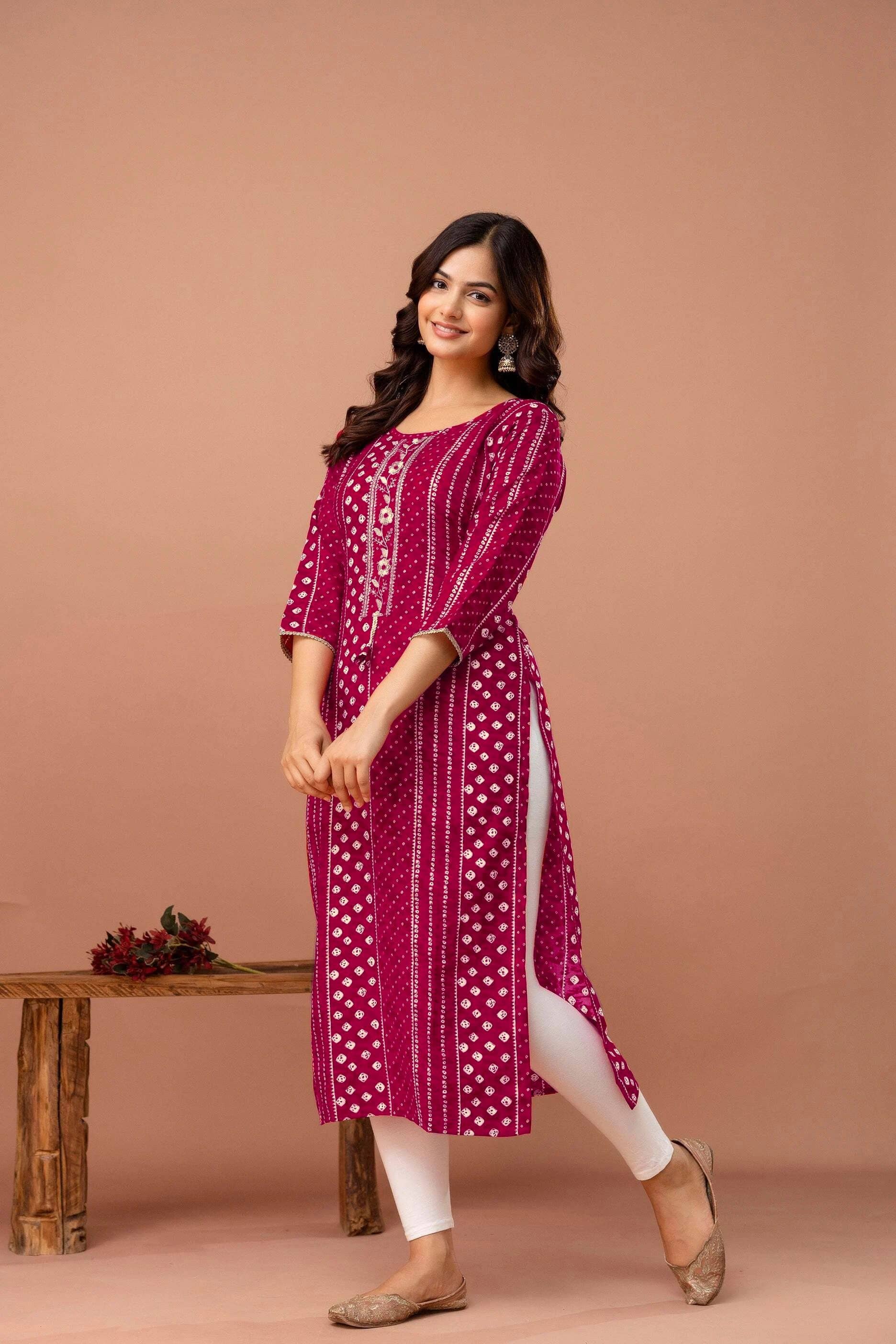 Kapadia Women Cotton Blend Embroidered Straight Kurti ( Pink ) - Kurtis, Tunics | Buy online on ZillyBuy