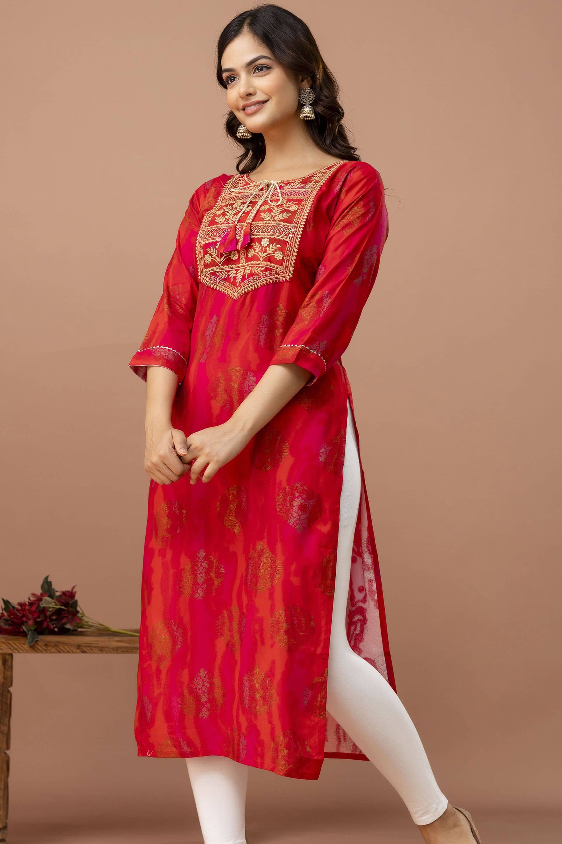 Kapadia Women Cotton Blend Embroidered Straight Kurti ( Pink ) - Kurtis, Tunics | Buy online on ZillyBuy