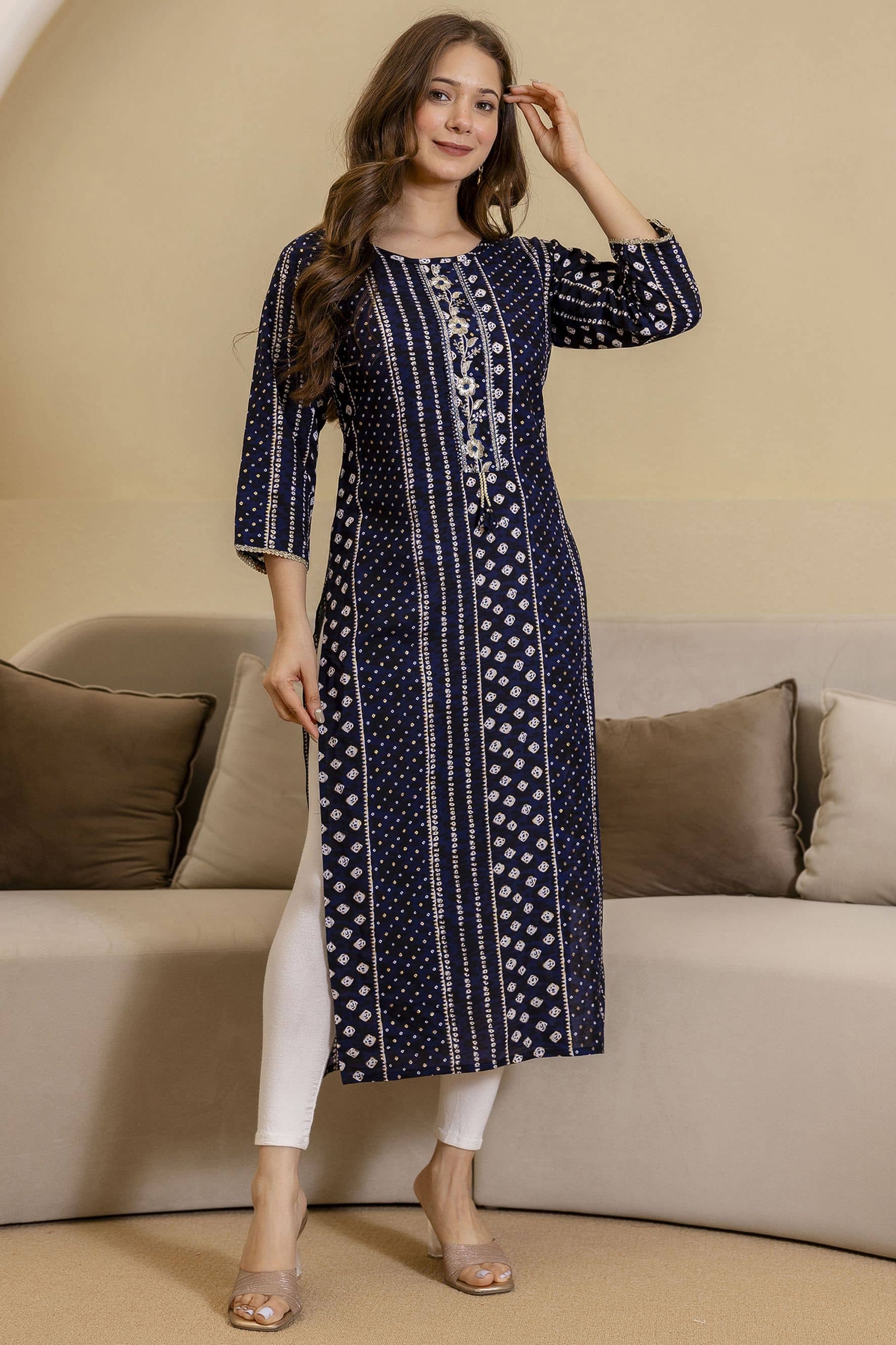 Kapadia Women Cotton Embroidered Straight Kurti ( Dark Blue ) - Kurtis, Tunics | Buy online on ZillyBuy