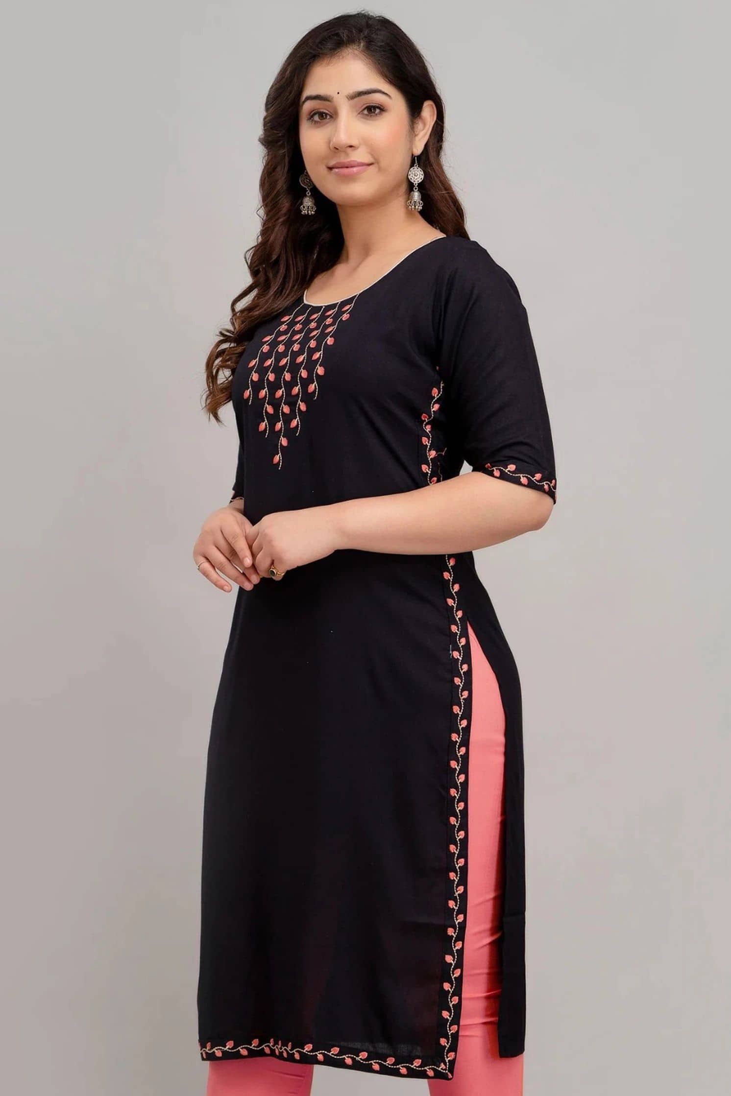 Kapadia Women Viscose Rayon Embroidered Straight Kurti ( Black ) - Kurtis, Tunics | Buy online on ZillyBuy