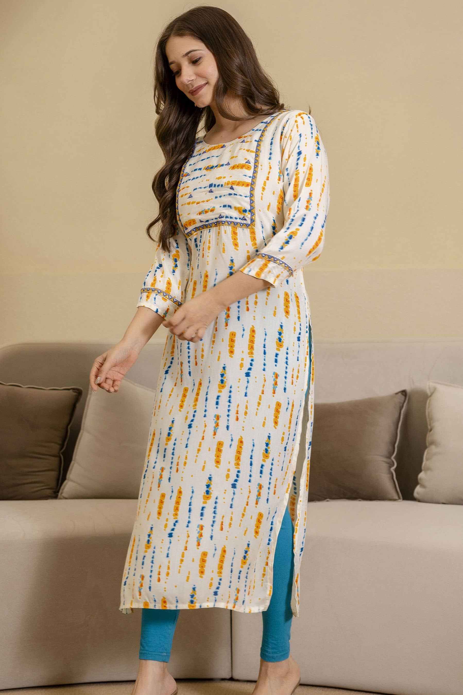 Kapadia Women Viscose Rayon Embroidered Straight Kurti ( Beige ) - Kurtis, Tunics | Buy online on ZillyBuy