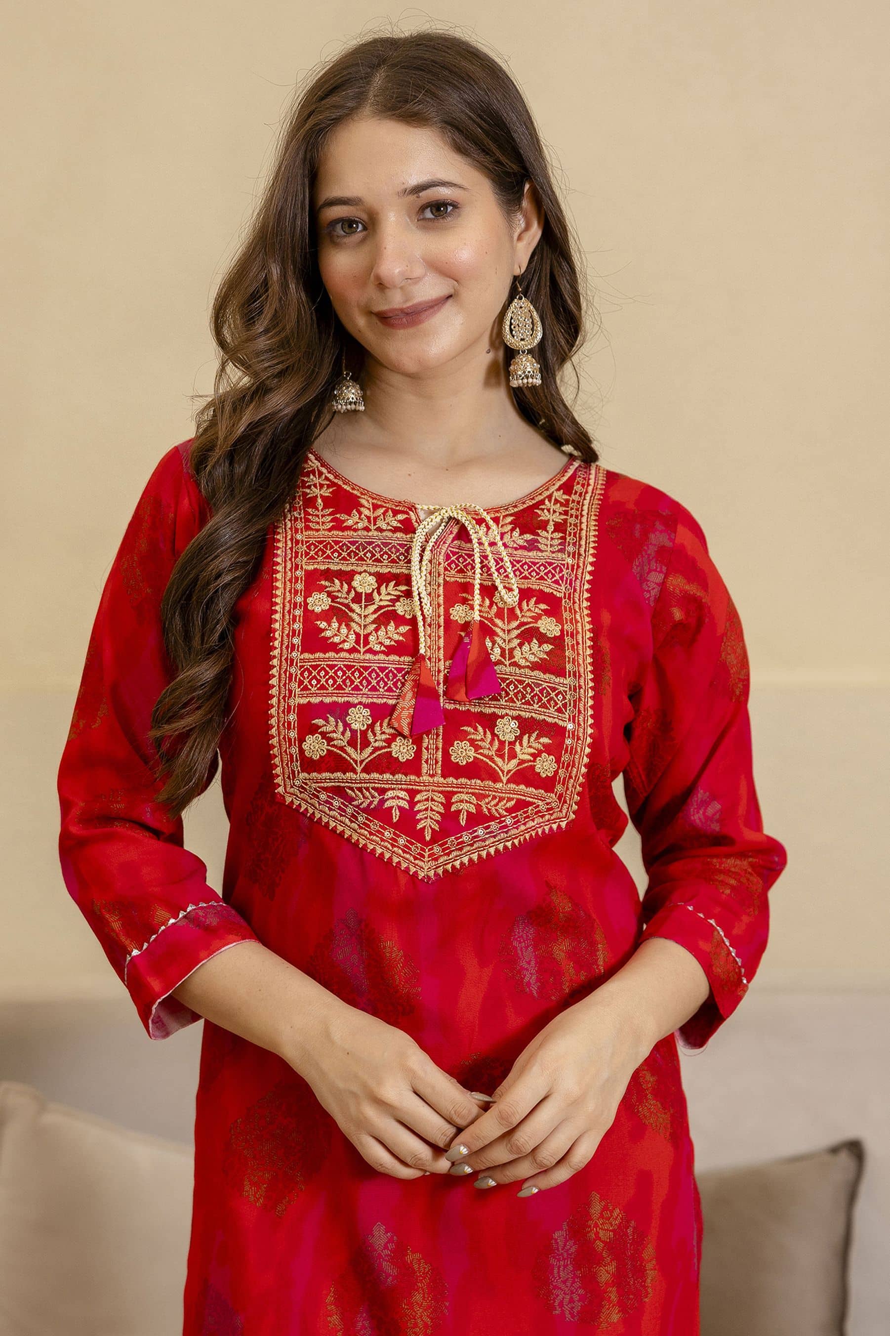 Kapadia Women Viscose Rayon Embroidered Straight Kurti ( Red ) - Kurtis, Tunics | Buy online on ZillyBuy