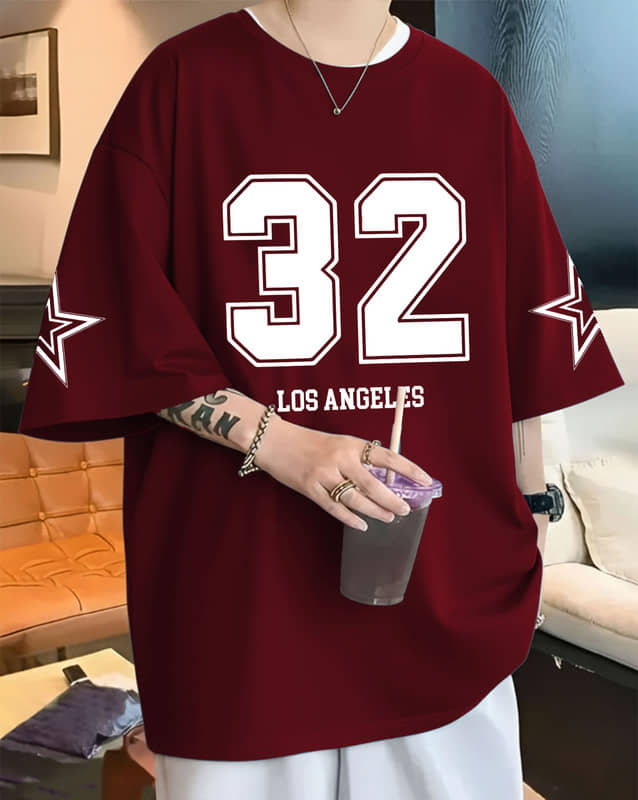 ENITOR Men Cotton Blend Oversized Fit Colorblock T-Shirt ( Maroon )