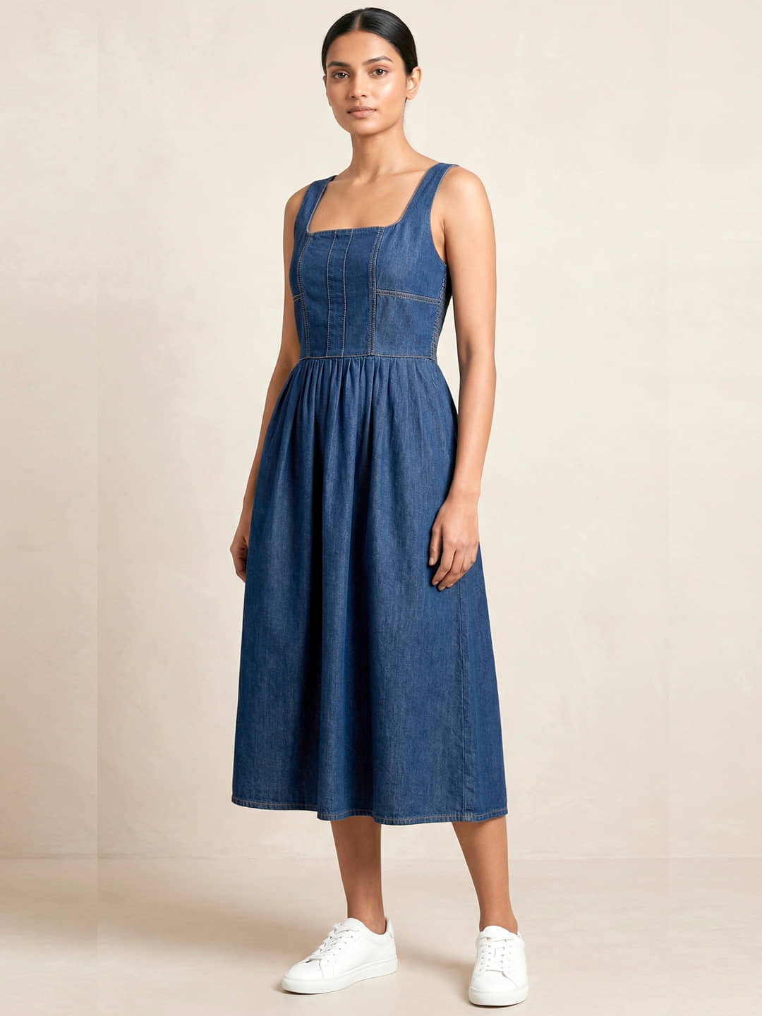 Addyvero Women Denim Solid Fit & Flare Dress ( Dark Blue )