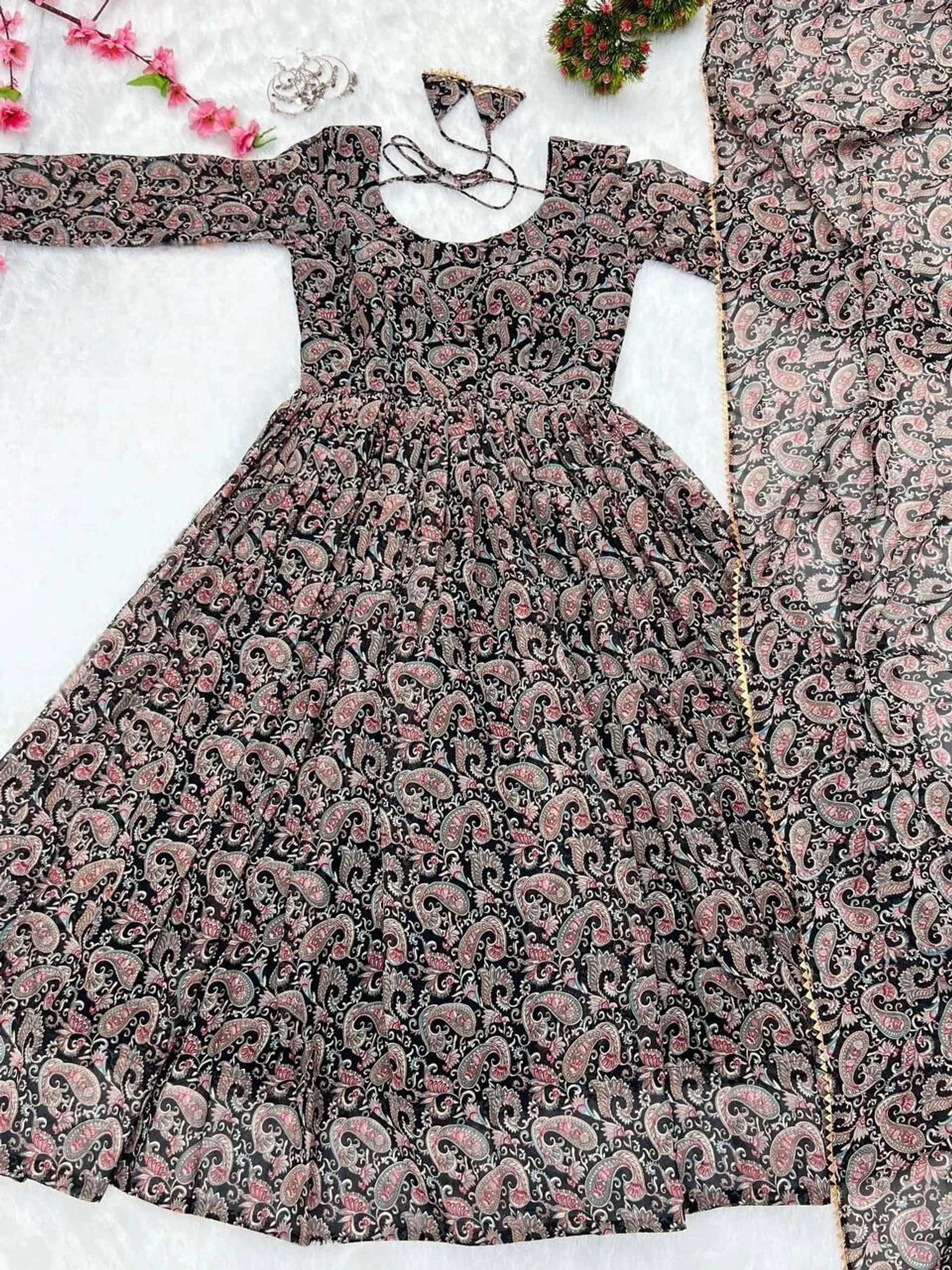 Femvy Women Crepe Printed Fit & Flare Dress ( Brown )