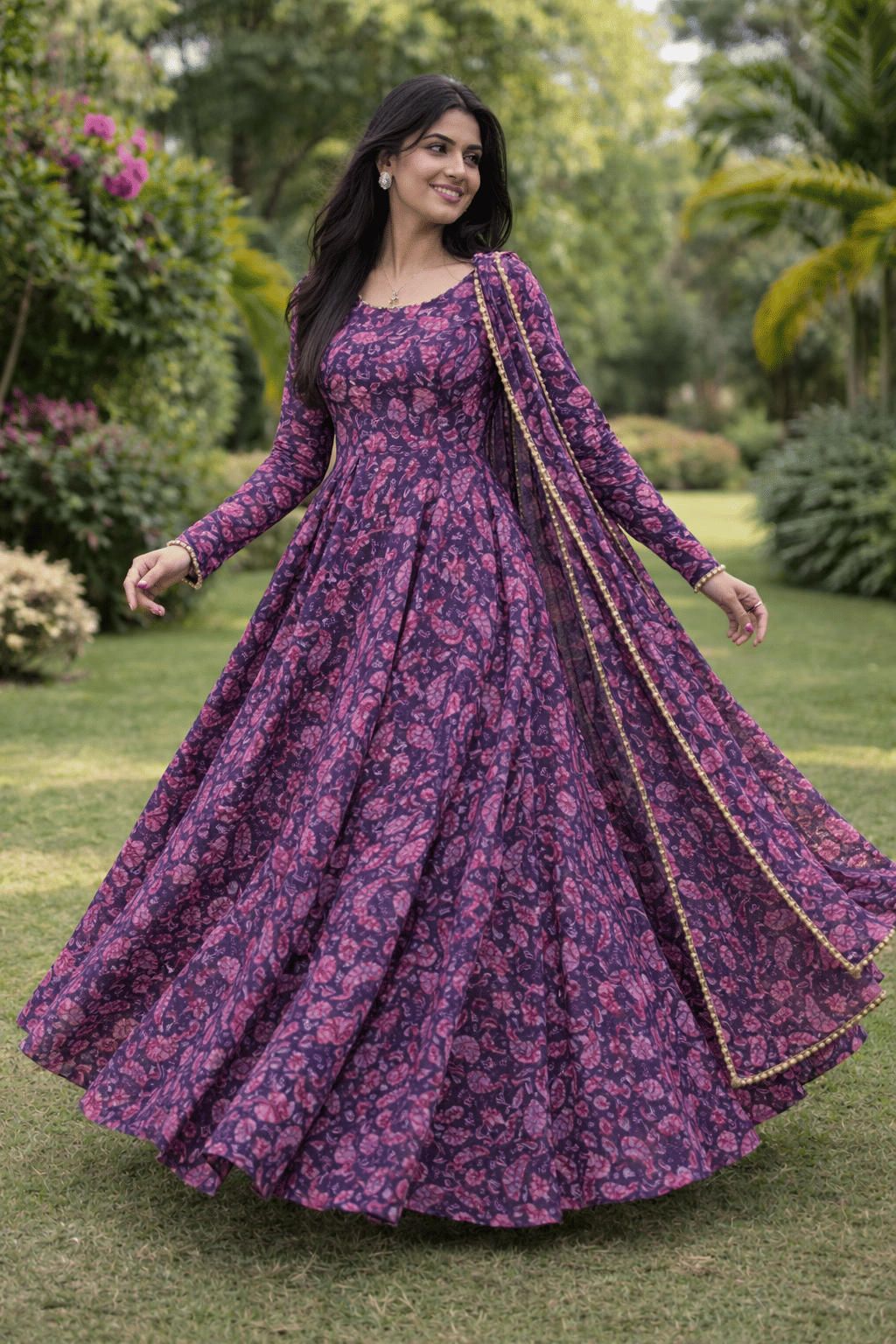 Femvy Women Crepe Printed Fit & Flare Dress ( Purple )