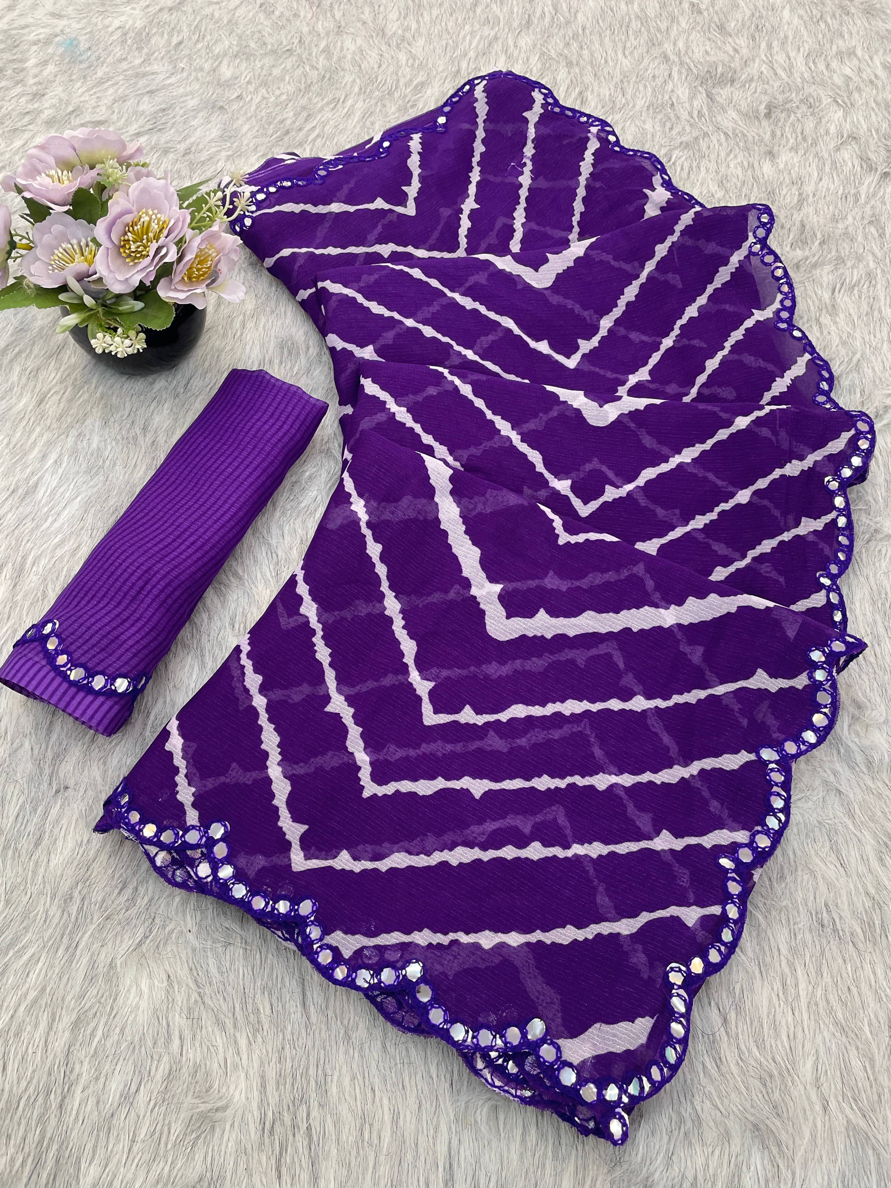 VEERAIVA Chiffon Printed Leheriya Saree With Unstitched Blouse Piece ( Purple ) - Sarees | Buy online on ZillyBuy