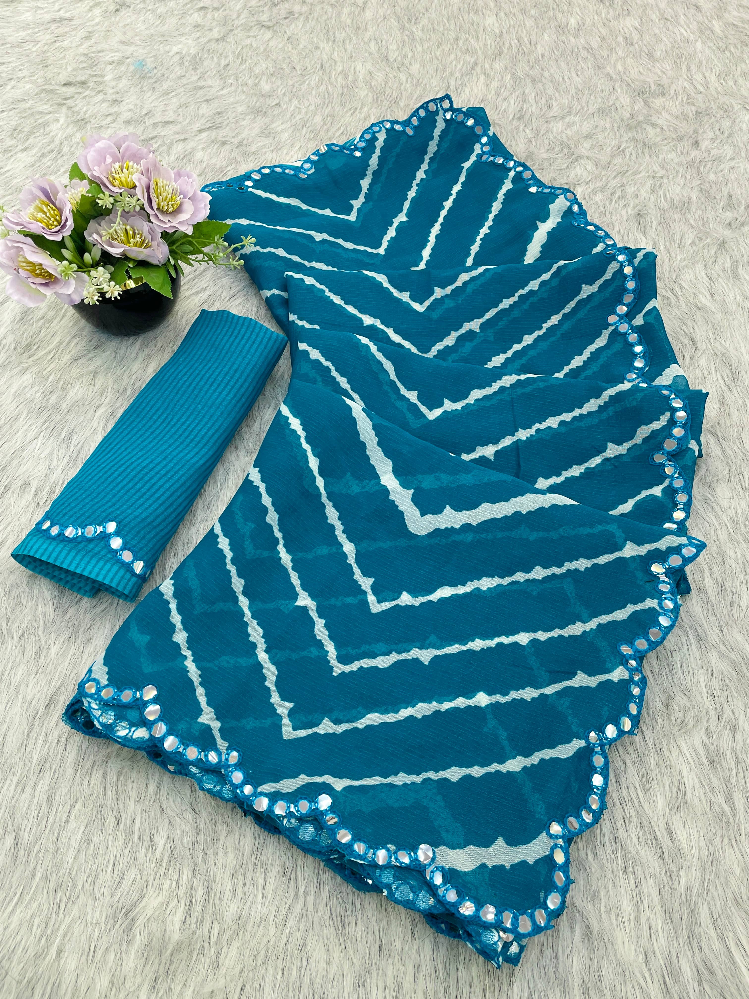 VEERAIVA Chiffon Printed Leheriya Saree With Unstitched Blouse Piece ( Wine ) - Sarees | Buy online on ZillyBuy