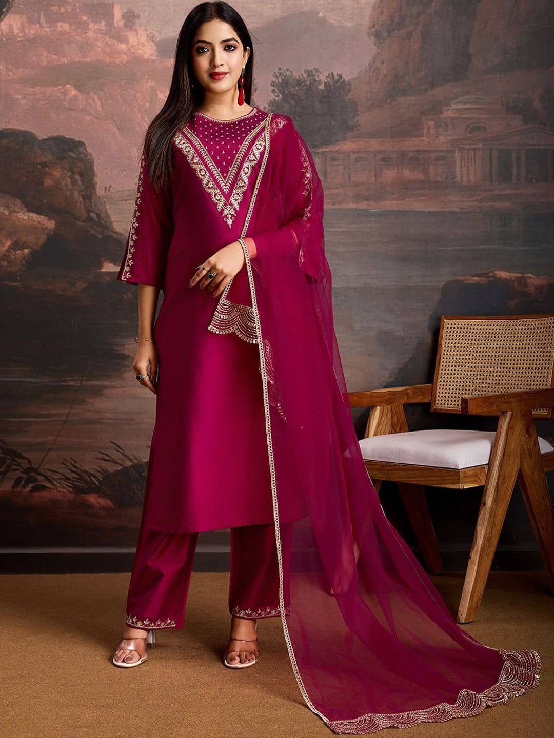 YAGNIK FASHION Women Silk Blend Embroidered Straight Kurti With Pants ( Wine )