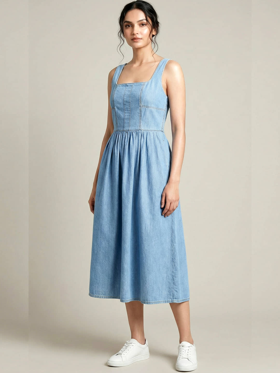 Addyvero Women Denim Solid Fit & Flare Dress ( Light Blue )