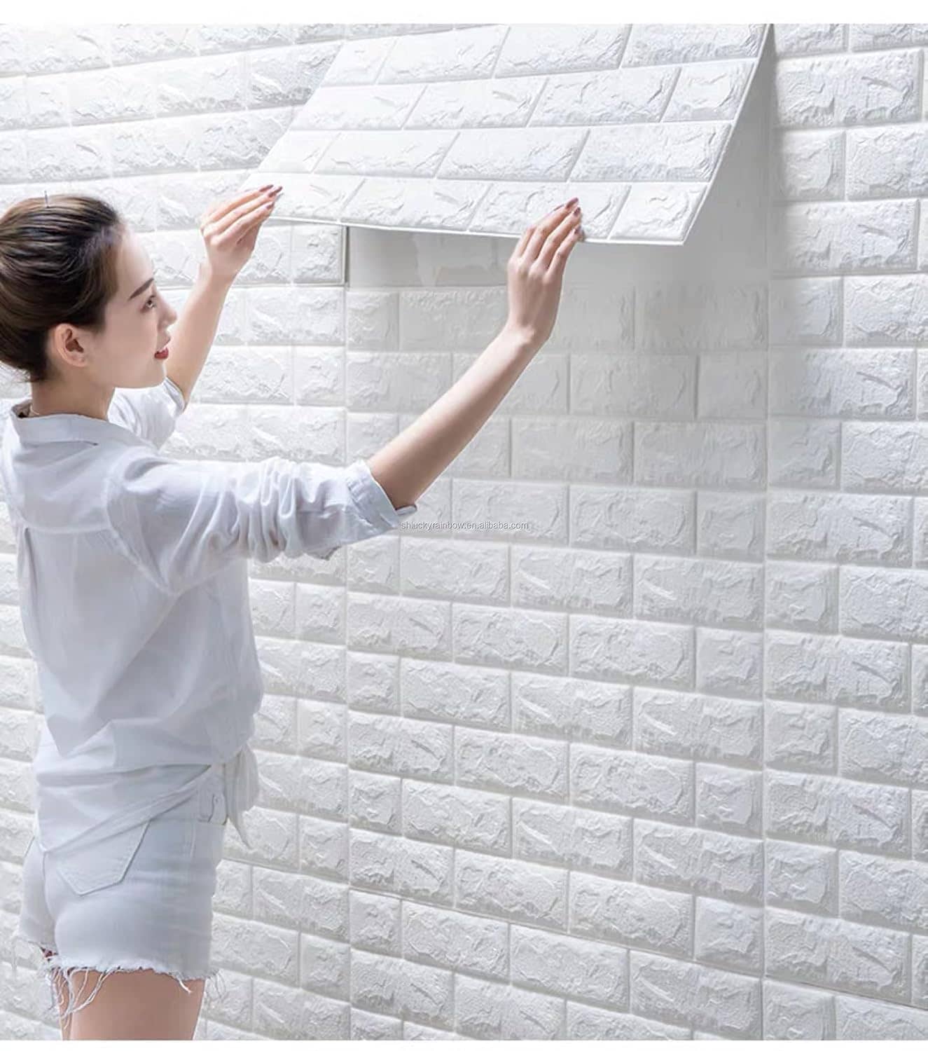 SWIPE N SEE 3D Brick Wallpaper PE Foam self Adhesive Brick Design Wall Stickers/DIY Wallpaper for Home Hotel Living Room Bedroom Cafe Deco White