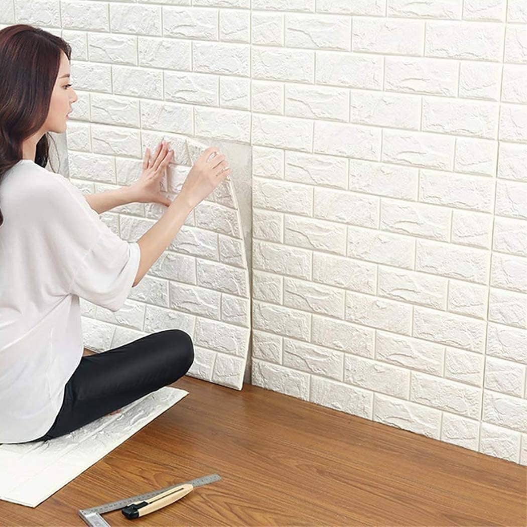 SWIPE N SEE PACK OF 2 Brick 3D Wallpaper PE Foam self Adhesive Brick Design Wall Stickers/DIY Wallpaper for Home Hotel Living Room Bedroom Cafe Deco White