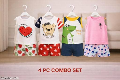 ODIMENT Pack of 4 Girls Cotton Blend T-shirt & Shorts ( Multicolor )