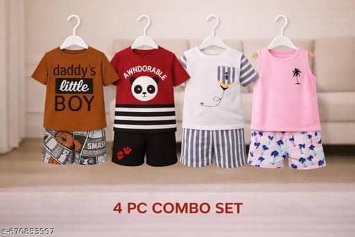 ODIMENT Pack of 4 Girls Cotton Blend T-shirt & Shorts ( Multicolor )