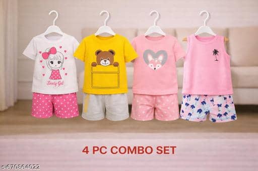 ODIMENT Pack of 4 Girls Cotton Blend T-shirt & Shorts ( Multicolor )