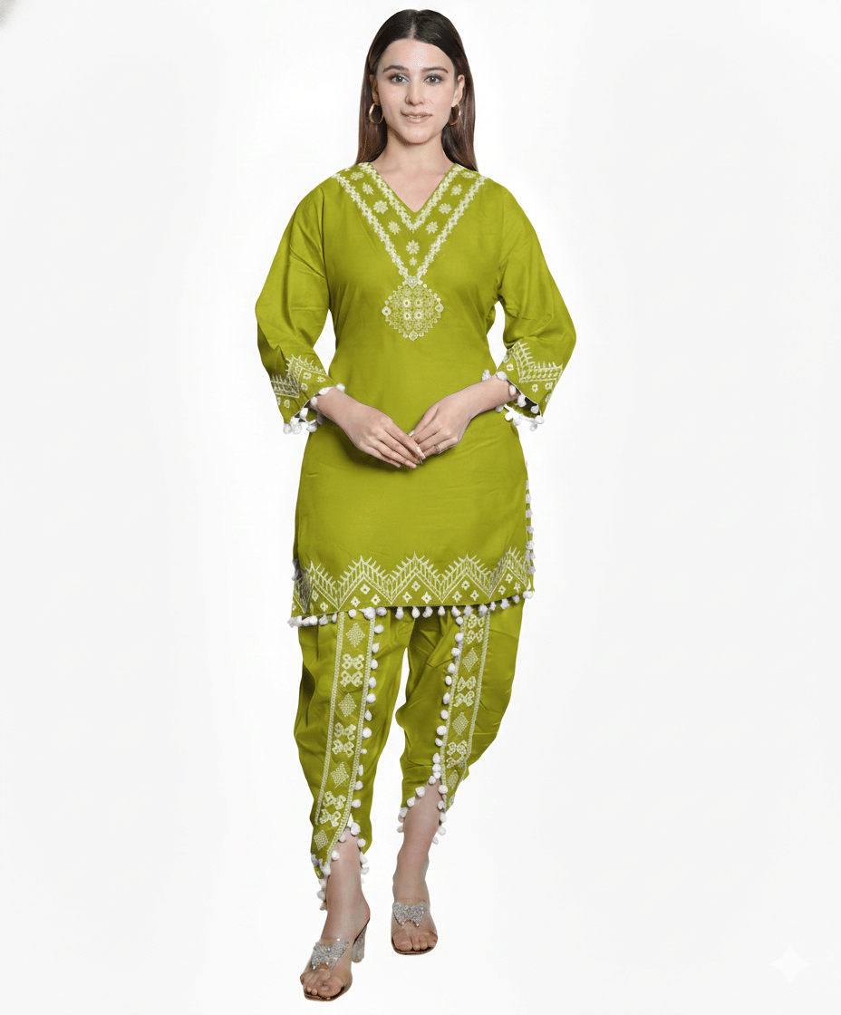 HeteShe Women Cotton Embroidered Dhoti Style Kurti With Dhoti Pants ( Black )