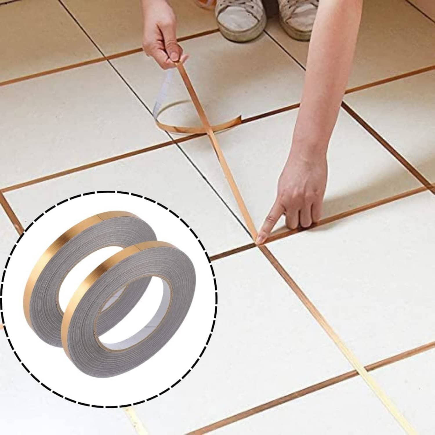 KRAMOX Tile Gap Foil Line Tape – 1CM x 50M (Gold) Self-Adhesive Seam Sticker for Wall, Cabinet, Kitchen, Floor – Waterproof, Decorative, Peel & Stick Mirror Finish Tape