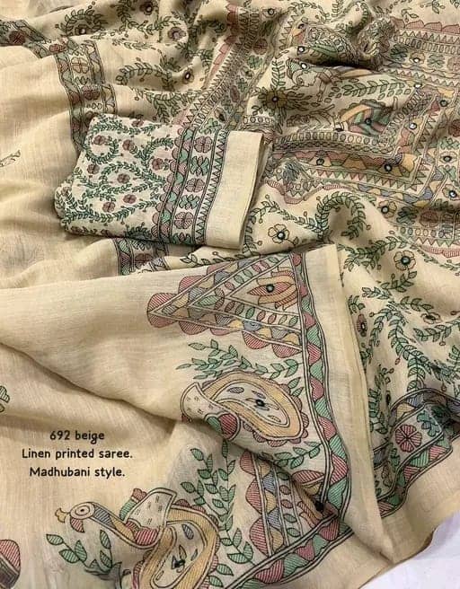 Kalpana Creation Linen Printed Regular Saree With Unstitched Blouse Piece ( Multicolor ) - Sarees | Buy online on ZillyBuy