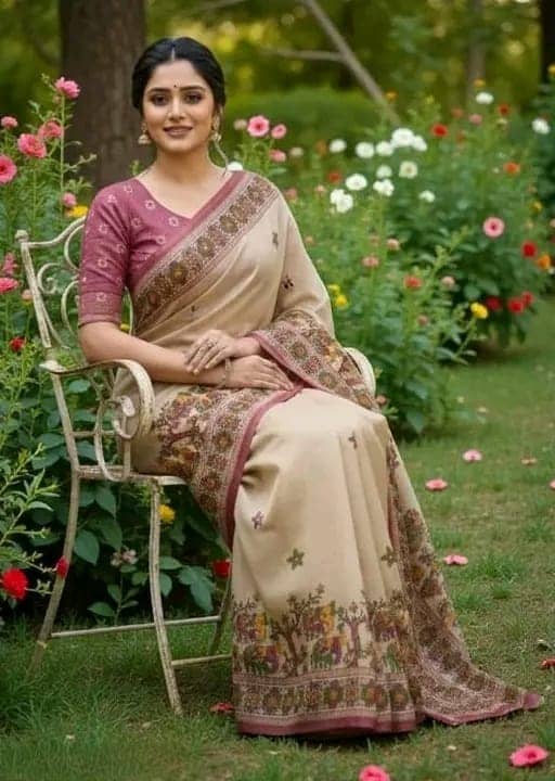 Kalpana Creation Linen Printed Regular Saree With Unstitched Blouse Piece ( Multicolor ) - Sarees | Buy online on ZillyBuy
