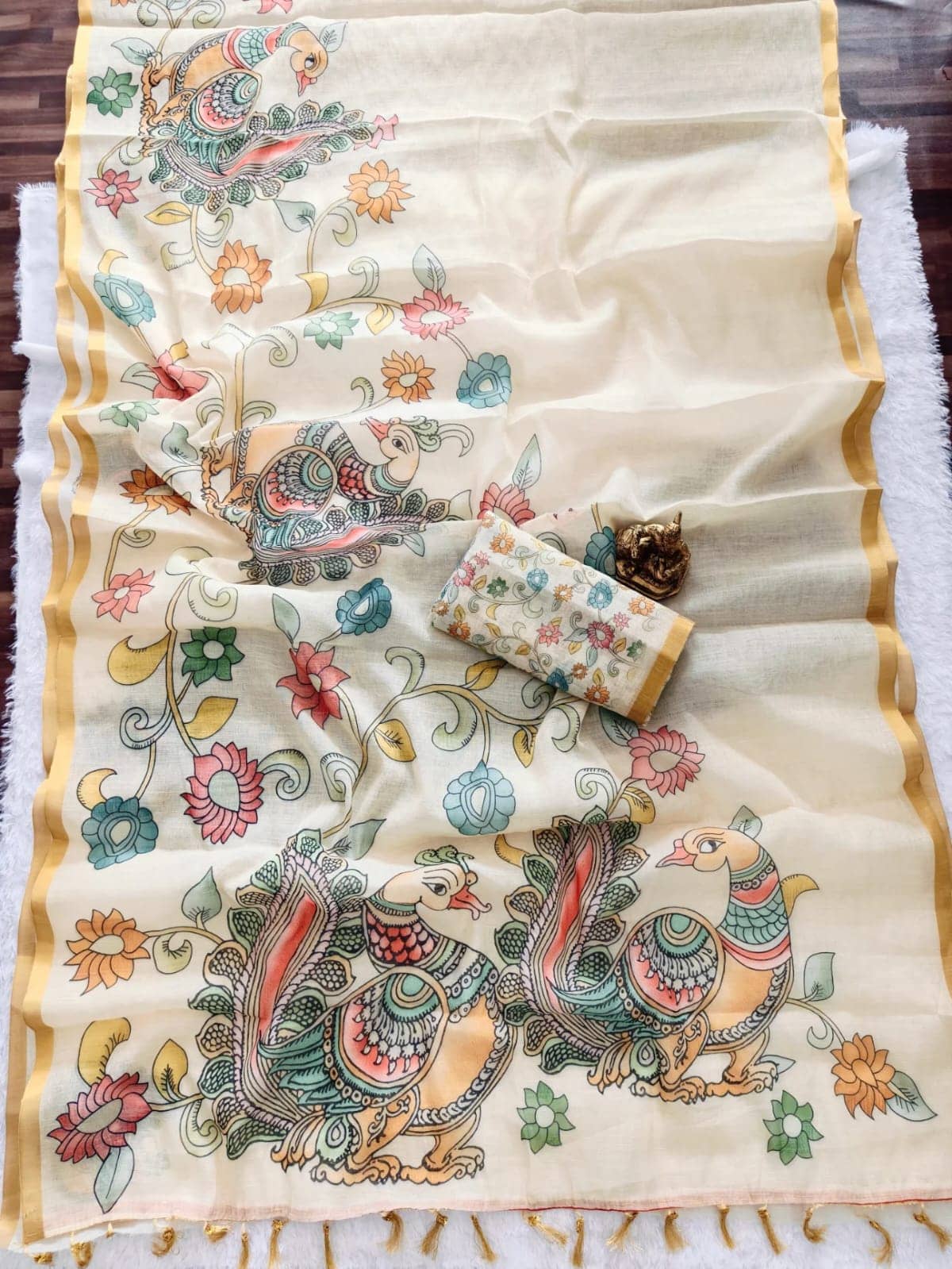 Kalpana Creation Linen Printed Regular Saree With Unstitched Blouse Piece ( Multicolor ) - Sarees | Buy online on ZillyBuy